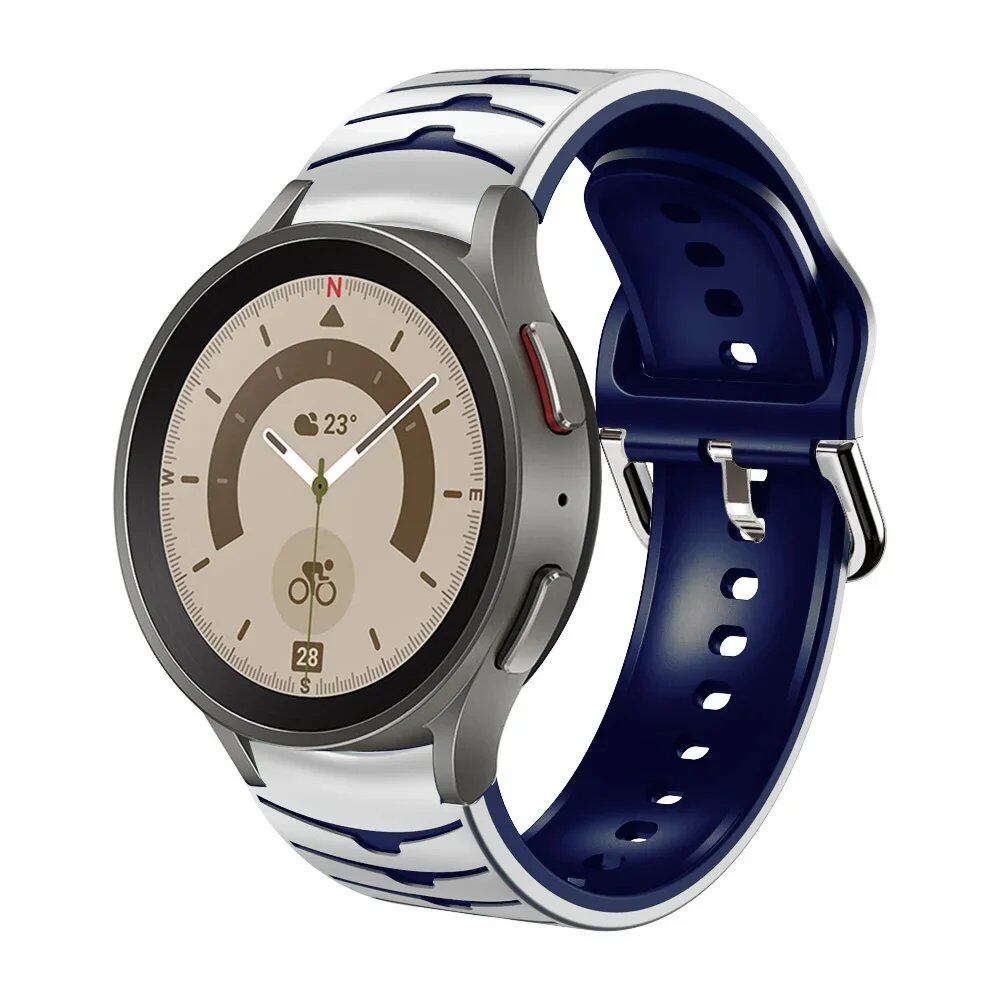 Compatible with Samsung Galaxy Watch 5 Pro (45mm), 6/5/4 (40mm), and 44mm. Two-tone silicone strap with no-grip. Compatible with Galaxy Watch 6/4 Classic (47mm), 43mm. Band Color: Compatible with Galaxy Watch 4, 5, 6, and 7. Parallel import.