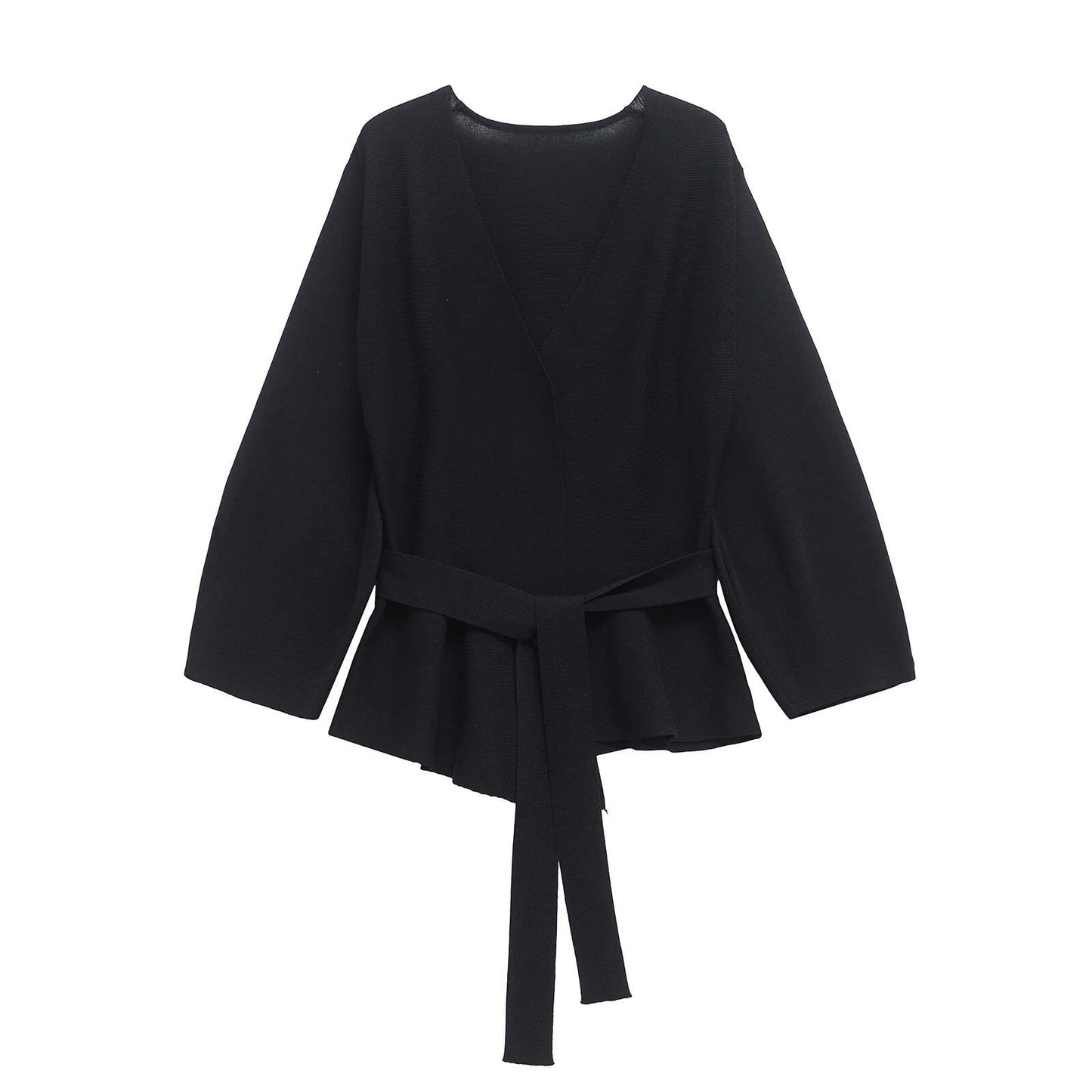 TRAFSHE Women's Spring Belted Knit Blazer with Shoulder Pads, Retro V-Neck, Long Sleeves, Multi-Coat, Size 9598/128, Parallel Import