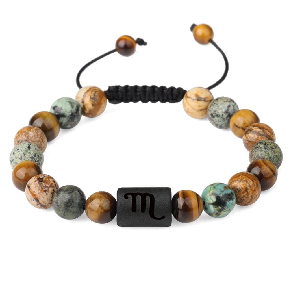 12 Zodiac Sign Beaded Bracelet, Natural Tiger Eye Stone, Zodiac Sign Bracelet for Men and Women, Charm Jewelry, Gift, Metal Color: Parallel Import