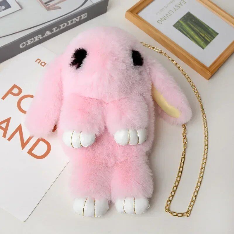 Cute Fluffy Rabbit Pom Pom Chain Bag for Women, Cartoon Rabbit Sling Bag, Plush Bunny Shoulder Backpack, Birthday Gift for Girls, Parallel Import