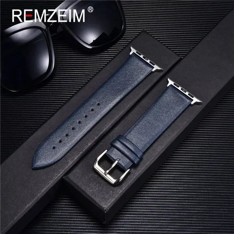 Genuine Leather Watch Strap for Apple Watch 8, 7, 6, SE, 5, 4, 3, 2, 38mm, 40mm, 41mm, 45mm, 44mm, 42mm, Blue, Band Color: mm, Parallel Import