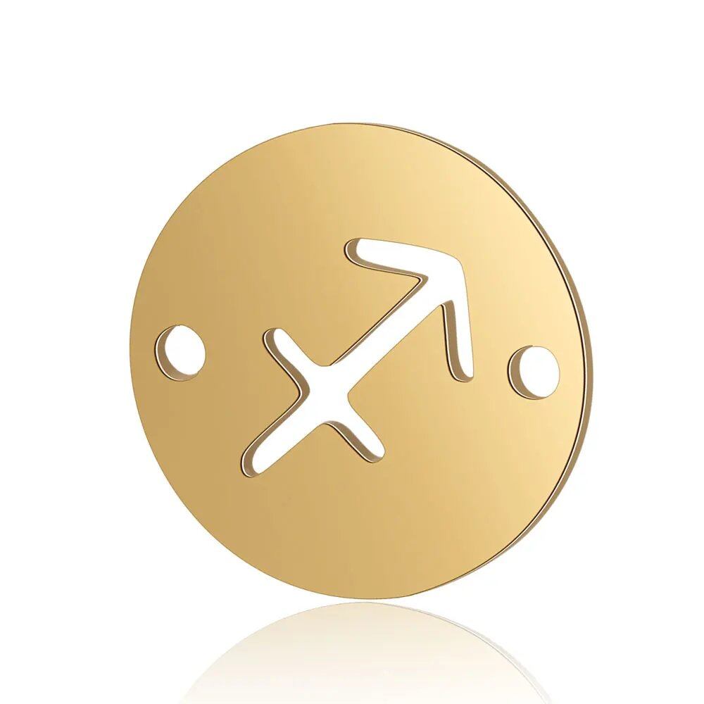 Set of 10 12mm Gold-Colored Round Zodiac Charms, 12 Zodiac Signs, 2-Hole DIY Bracelet Chain Connectors, Metal Color, Parallel Import