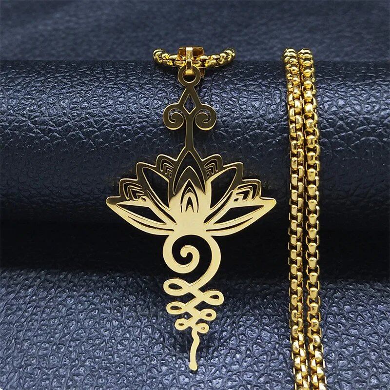 Hippie Stainless Steel Yoga Lotus Necklace for Women/Men, Spiritual Chakra Symbol Flower of Life Necklace, Jewelry Color N7067S02, Metal Color, Parallel Import