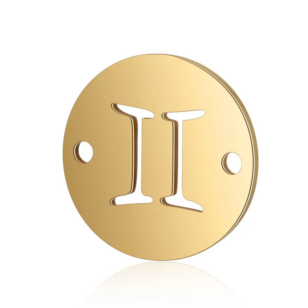 Set of 10 12mm Gold-Colored Round Zodiac Charms, 12 Zodiac Signs, 2-Hole DIY Bracelet Chain Connectors, Metal Color, Parallel Import