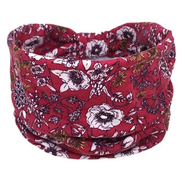 New Boho Floral Print Wide Headband with Vintage Knot Elastic Turban Headwrap for Women and Girls, Cotton Soft Bandana Hair Accessory, Parallel Import