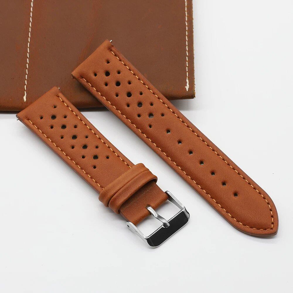 Vintage Handmade Leather Watch Strap, 18mm, 19mm, 20mm, 22mm, 24mm, Racing Gray, Black, Brown, Blue, Ventilated, Band Color: mm, Parallel Import