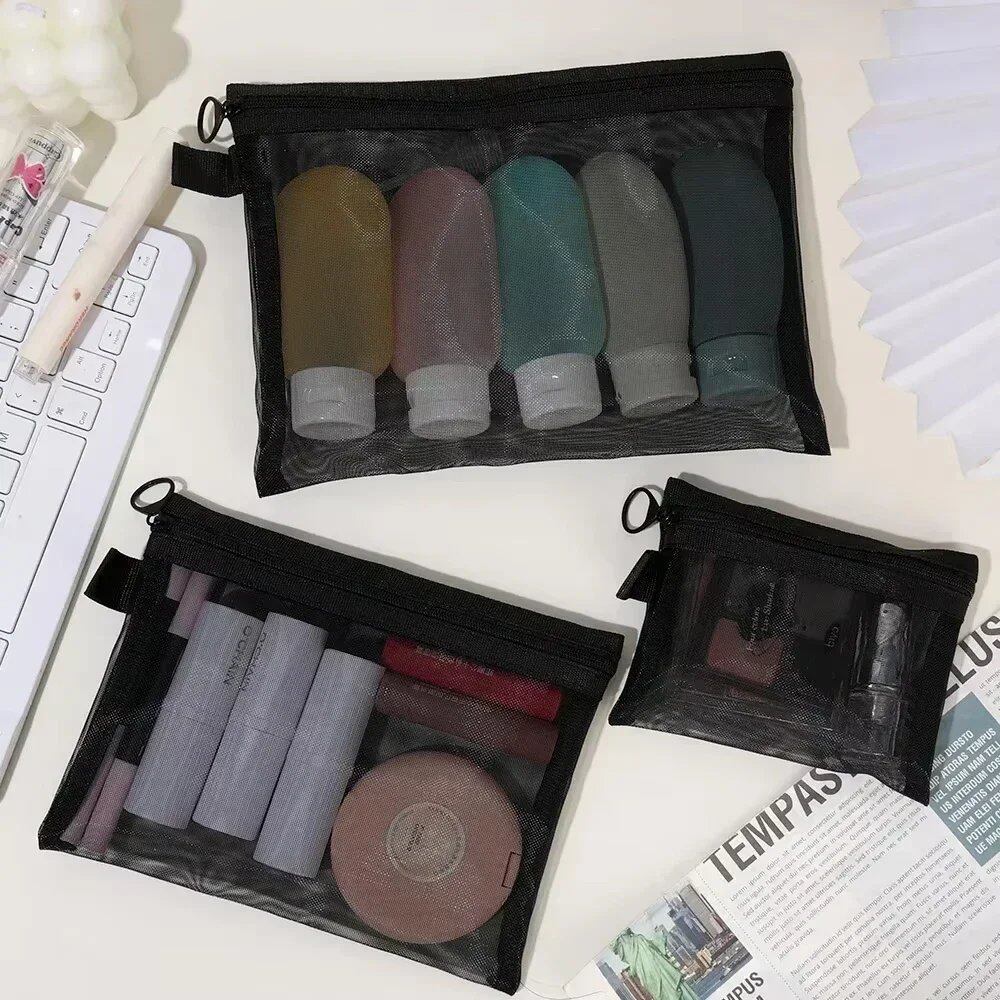 Set of 3 Transparent Mesh Cosmetic Pouches, Small and Large, Black, Portable Makeup Bags, Travel Toiletry Storage Case, Lipstick Storage Pouch, Size: Parallel Import