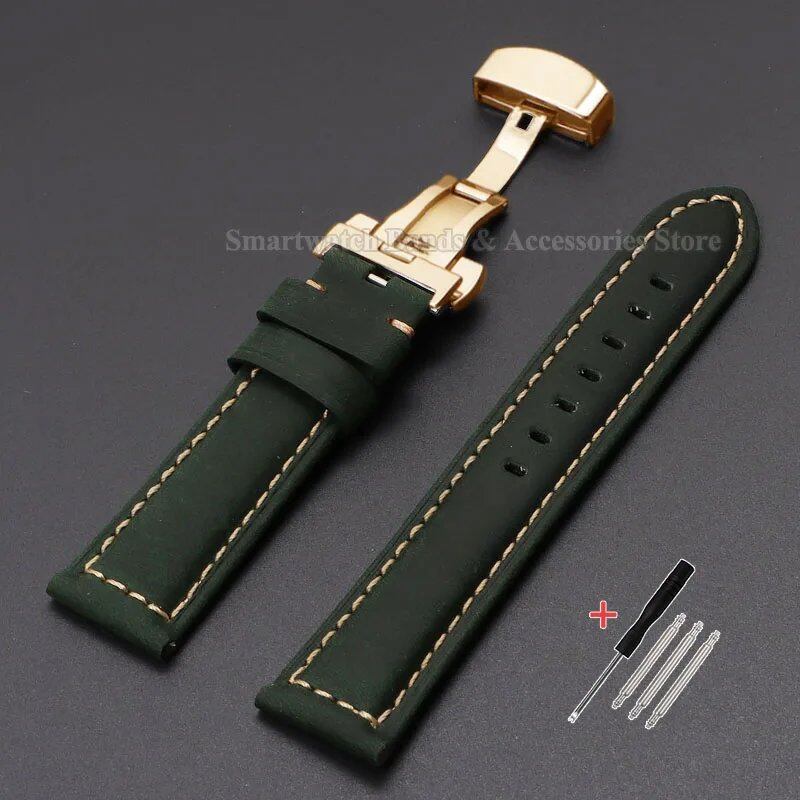 Vintage-style calf leather strap for Panerai and Seiko watches in sizes 20mm, 22mm, 24mm, and 26mm. Features a metal butterfly clasp. Band color: mm. Parallel import.