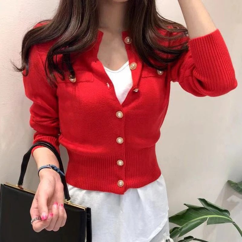 Autumn Women's Long Sleeve Knit Cardigan, Short Length, Casual, Single-Breasted, Korean Style, Slim Fit, Stylish Top, Size: One Size Fits Most; Parallel Import