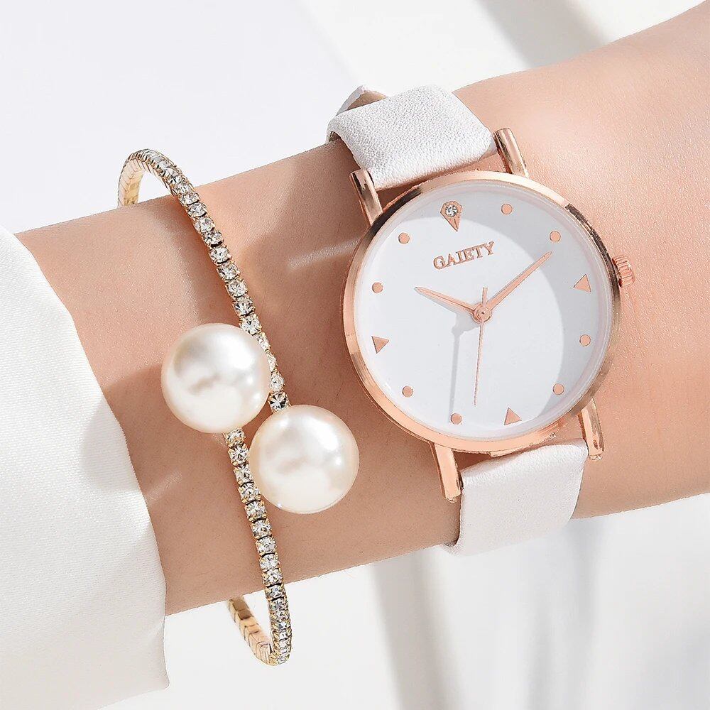 Luxury Women's Watch Set, Colorful PU Leather Strap Quartz Watch with Alloy Bracelet, Color: G-H160, Imported.