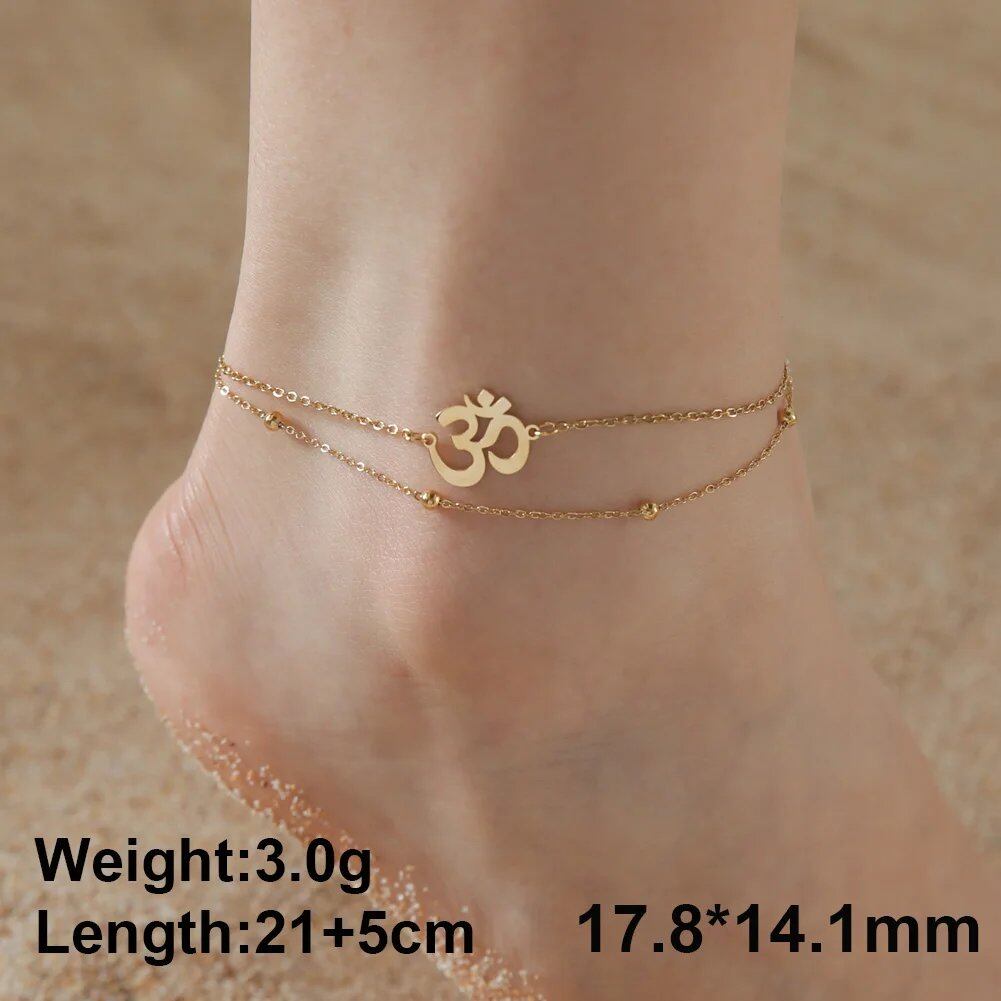 Dawapara Om Sanskrit Symbol Anklet Bracelet, Hindu Yoga Ankle Chain Bracelet, Stainless Steel, Spiritual Jewelry, 100cm, Parallel Import