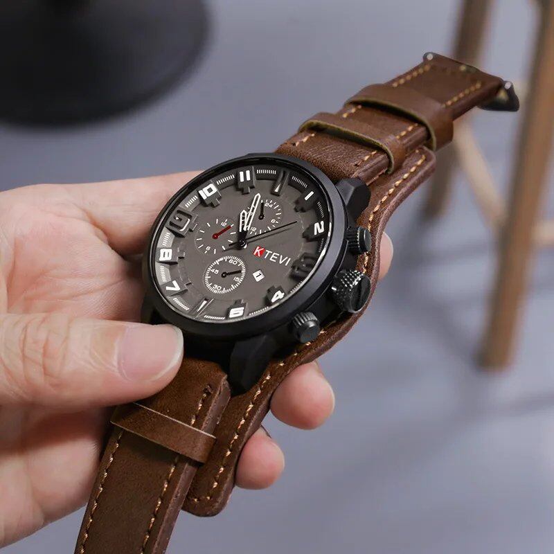 YIKAZE Retro Men's Watch, Classic Business Quartz Watch with Large Dial, Leather Strap, Date Display, Military Dive Watch for Men, Parallel Import