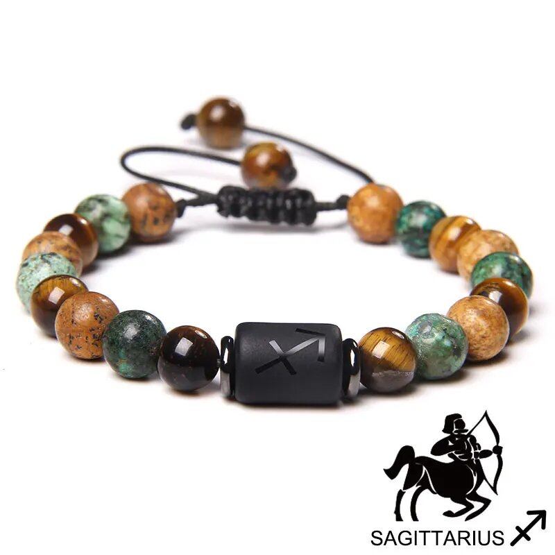 12 Zodiac Signs Bracelet, Natural Turquoise and Tiger Eye Stones, Braided Bracelet, Jewelry for Women and Men, Couples Gift, Adjustable Length; Metal Color: Parallel Import