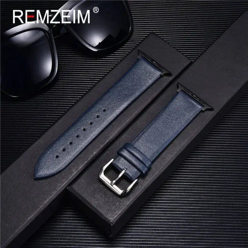 Genuine Leather Watch Strap for Apple Watch 8, 7, 6, SE, 5, 4, 3, 2, 38mm, 40mm, 41mm, 45mm, 44mm, 42mm, Blue, Band Color: mm, Parallel Import