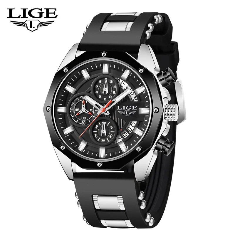 LIGE Fashion Men's Watch, Top Brand Luxury Silicone Sports Watch with Quartz Movement, Date Display, Waterproof Chronograph, Color: Parallel Import