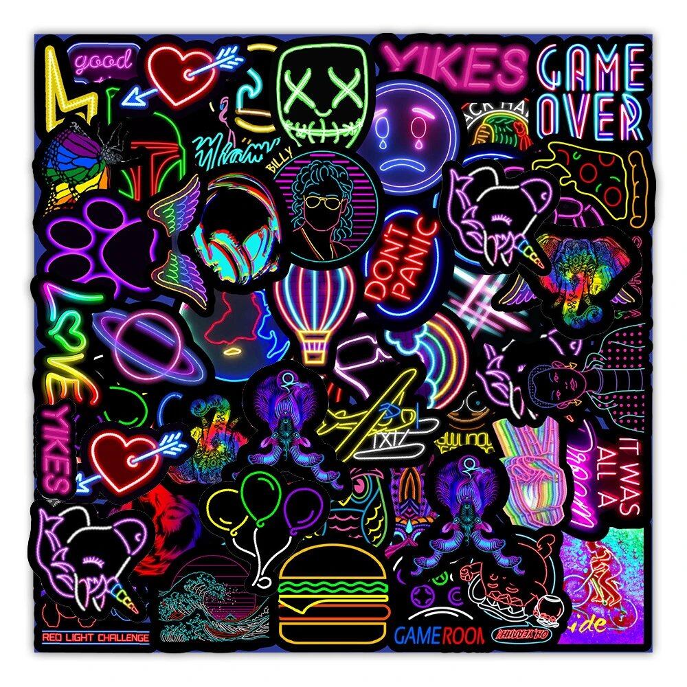 10/30/50-Piece Cartoon Neon Light Graffiti Stickers for Cars, Guitars, Bikes, Suitcases, DIY Classic Toy Decals for Kids (Color: 0) Neon Light Parallel Import