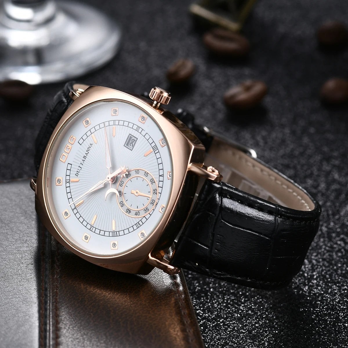 New Men's Luxury Square Quartz Watch with Date Calendar and Leather Strap, Relogio Masculino, Imported