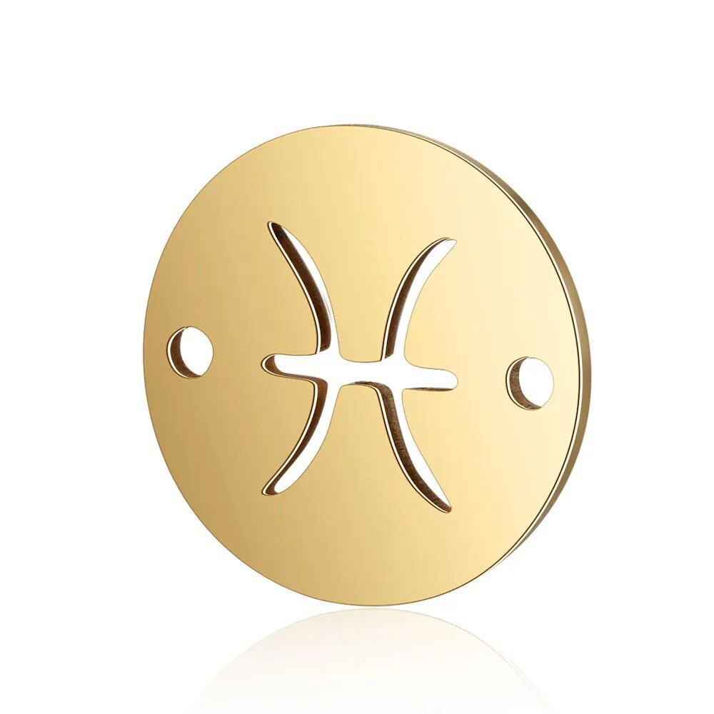 Set of 10 12mm Gold-Colored Round Zodiac Charms, 12 Zodiac Signs, 2-Hole DIY Bracelet Chain Connectors, Metal Color, Parallel Import