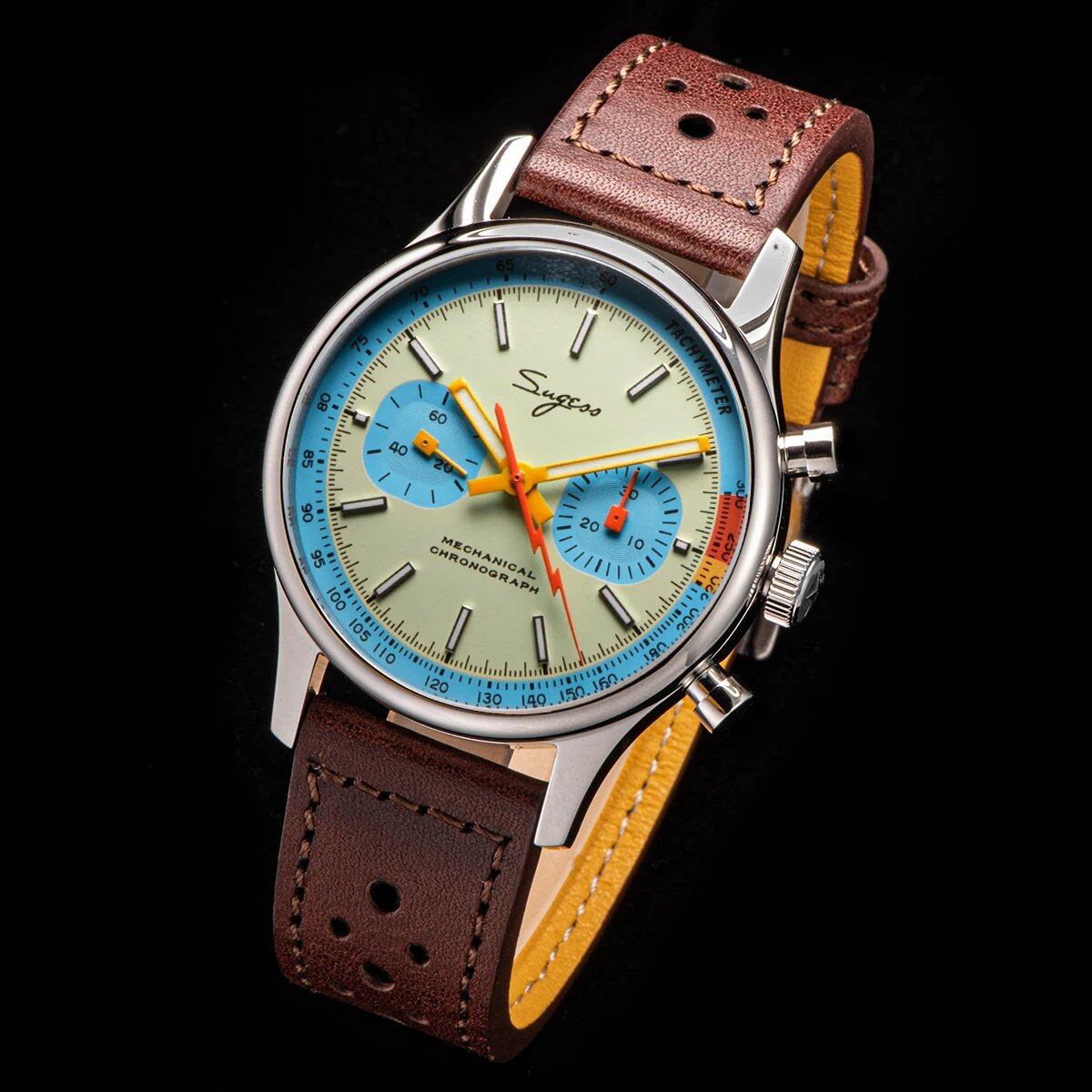 Sugess Men's Chronograph Mechanical Wristwatch with Tianjin ST19 Swan Neck Movement, Sapphire Crystal, V2, Teal Blue (Hole Strap), Gift; Ships from: Parallel Import