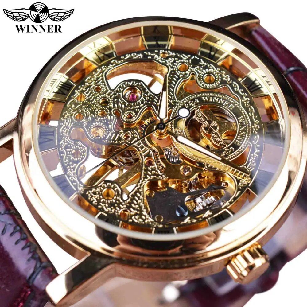 Winner Transparent Design Fashion Case Luxury Casual Leather Strap Men's Watch Top Brand Luxury Mechanical Skeleton Wristwatch Parallel Import