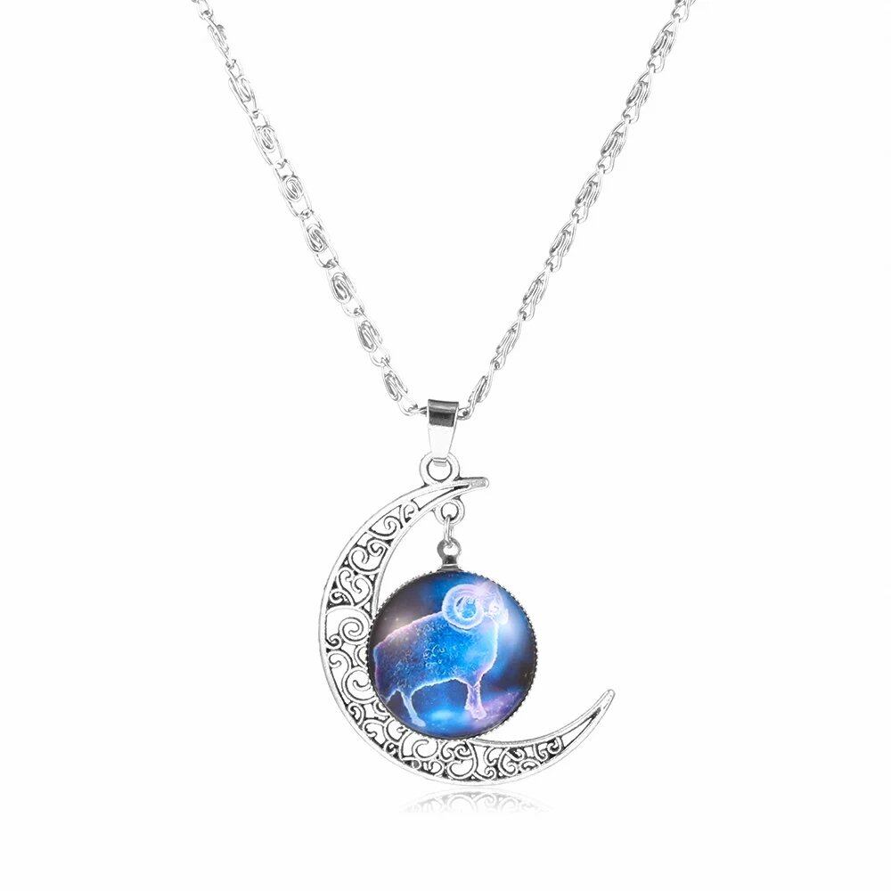 12 Zodiac Signs Glass Dome Crescent Moon Necklace for Women, Stylish Party Jewelry (Compatible with Aries, Taurus, Cancer, Aquarius, and Pisces), Metal Color, Parallel Import