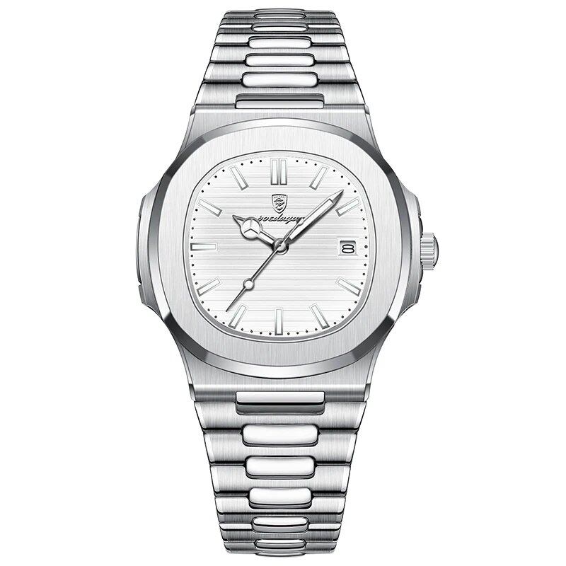 POEDAGAR Stainless Steel Men's Watch, Waterproof, Business Style, with Calendar, Quartz Movement, Luxury Laminated Square Design, Parallel Import