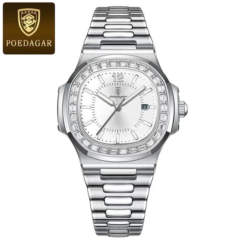 POEDAGAR Stainless Steel Men's Watch, Waterproof, Business Style, with Calendar, Quartz Movement, Luxury Laminated Square Design, Parallel Import