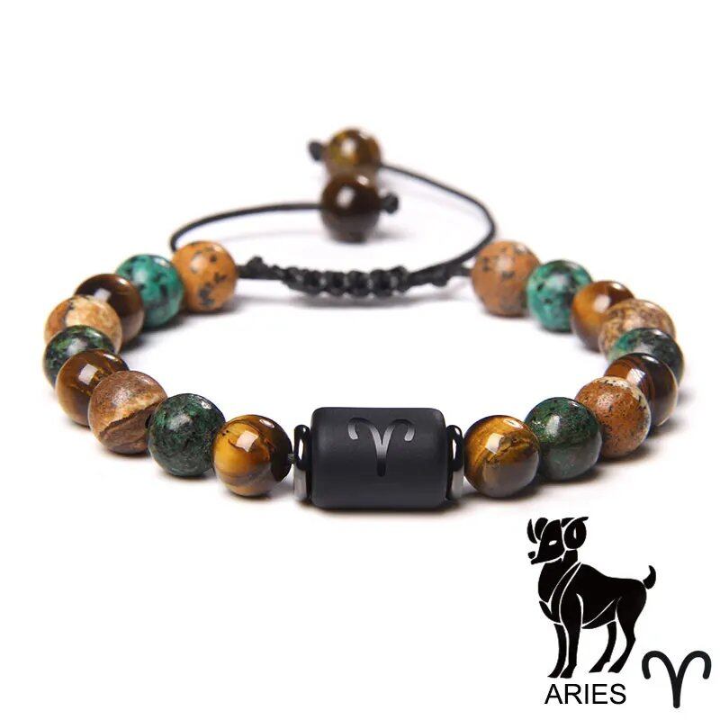 12 Zodiac Signs Bracelet, Natural Turquoise and Tiger Eye Stones, Braided Bracelet, Jewelry for Women and Men, Couples Gift, Adjustable Length; Metal Color: Parallel Import