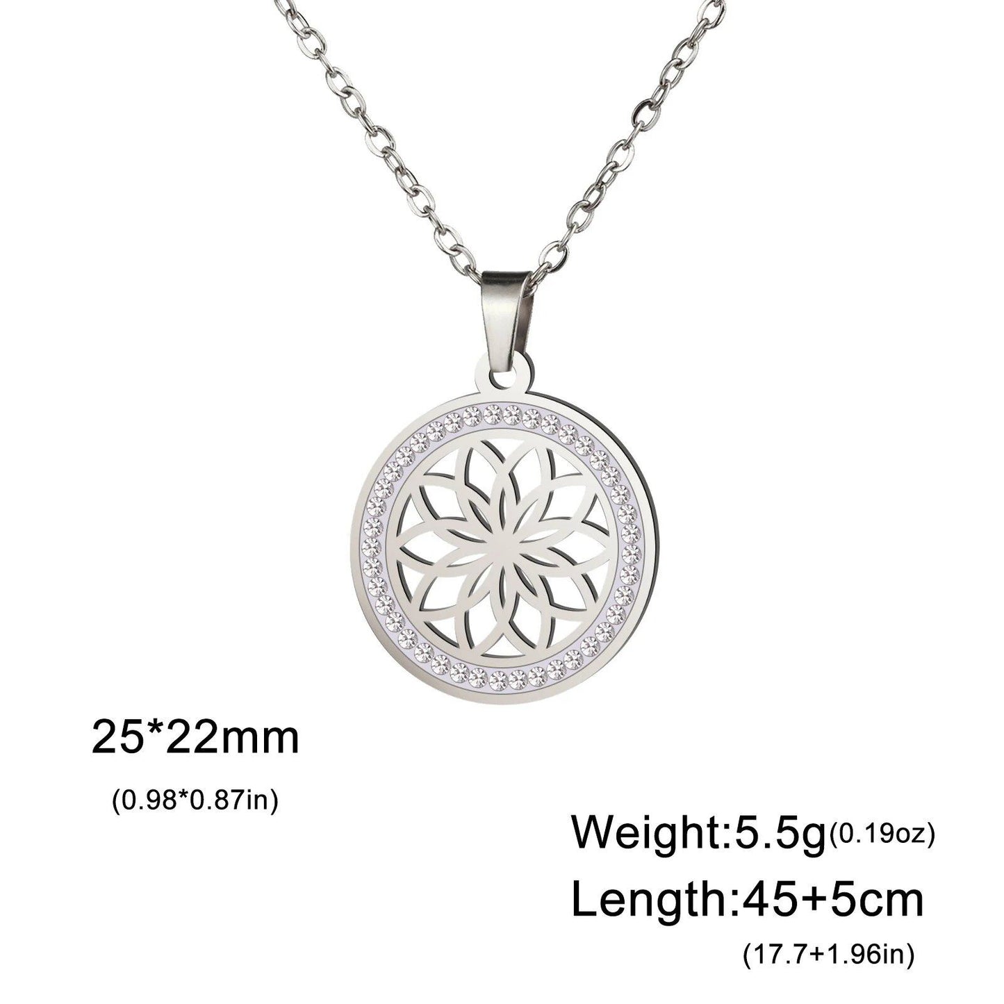 Skyrim Flower Seed of Life Necklace for Women, Stainless Steel with Clear Zircon Round Pendant, Sacred Geometry Spiritual Amulet Jewelry, Length: 45-50cm; Metal Color, Parallel Import