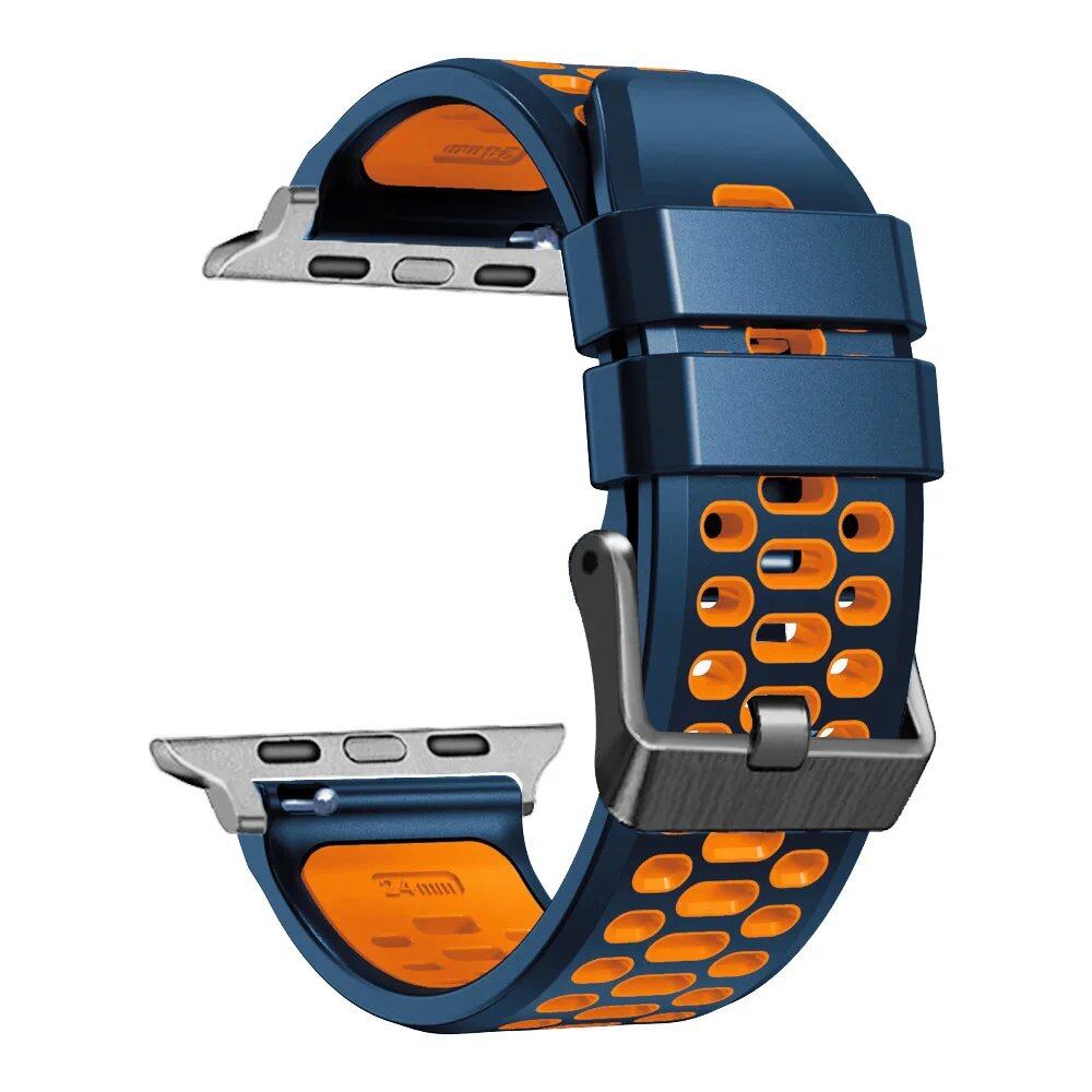 Breathable silicone wristband for Apple Watch Ultra 2 (49mm) / Series 9, 8, 7, SE, and 6 (45mm, 44mm, 42mm). Band Colors: 49mm, 45mm, 44mm, 42mm. Parallel import.