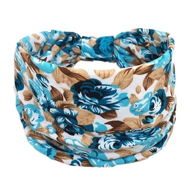 New Boho Floral Print Wide Headband with Vintage Knot Elastic Turban Headwrap for Women and Girls, Cotton Soft Bandana Hair Accessory, Parallel Import