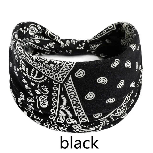 New Boho Floral Print Wide Headband with Vintage Knot Elastic Turban Headwrap for Women and Girls, Cotton Soft Bandana Hair Accessory, Parallel Import