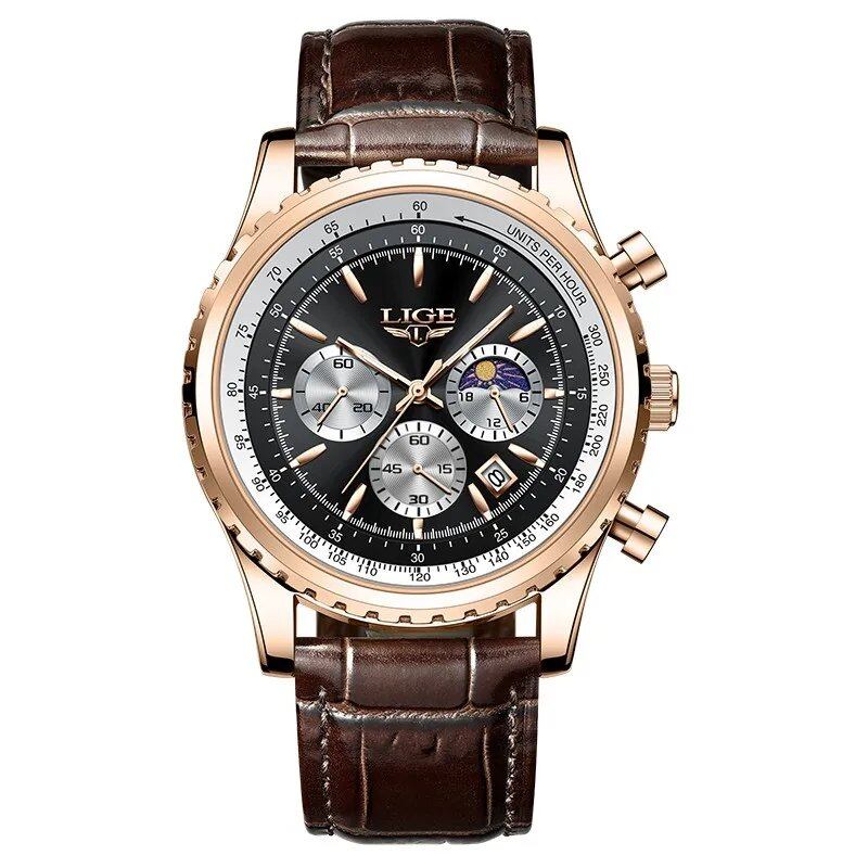 LIGE New Men's Watch, Luxury Leather Quartz Movement, Waterproof Sport Watch, Gift Box Included, Parallel Import
