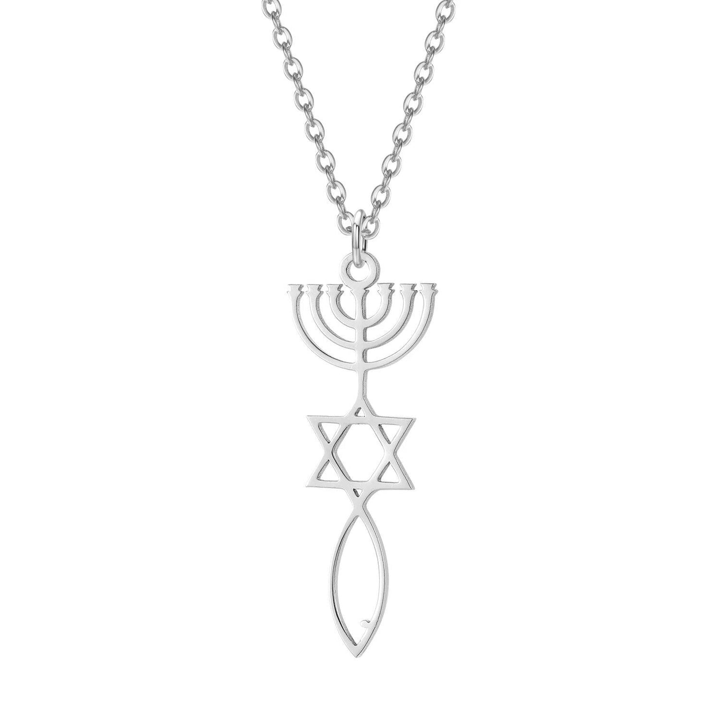 Custom Messianic Seal Menorah Necklace - Spiritual and Religious Jewelry for Women, Stainless Steel Star of David Pendant, Main Stone Color: Customizable; Parallel Import
