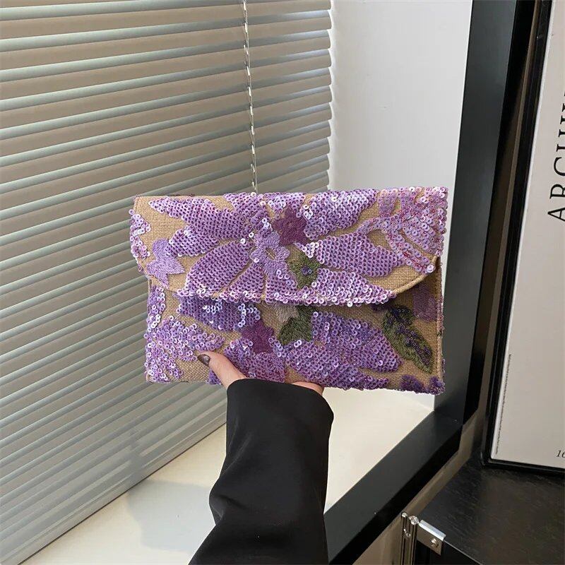 女性用 花刺繍 スパンコール イブニングクラッチバッグ エンベロープ型 ビーチバッグ ウェディング 旅行 休暇用 サイズ:(最大長20cm以上30cm未満); 並行輸入品