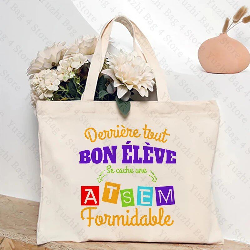 ATSEM フランス語 プレゼント トートバッグ - 教育アシスタント・保育プロフェッショナル向け コンパクトショッピングバッグ 女性用ショルダーバッグ カラー 並行輸入品