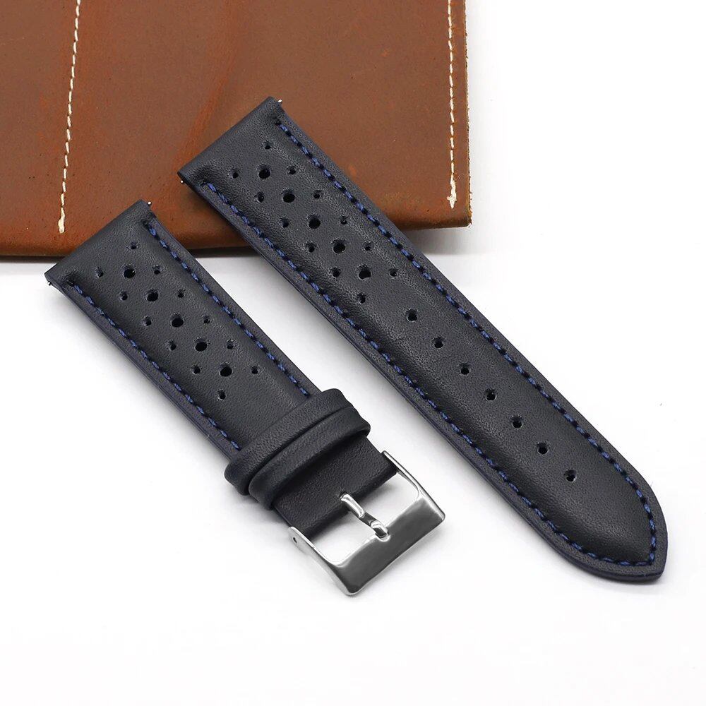 Vintage Handmade Leather Watch Strap, 18mm, 19mm, 20mm, 22mm, 24mm, Racing Gray, Black, Brown, Blue, Ventilated, Band Color: mm, Parallel Import