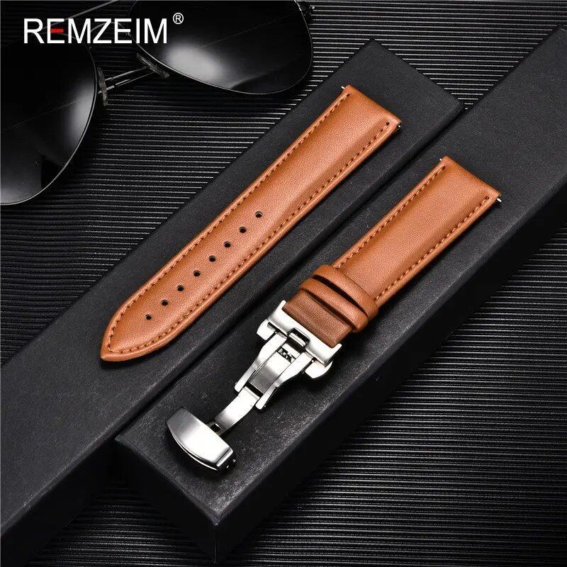 Casual Business Leather Watch Band, 18mm, 20mm, 22mm, 24mm Strap, Stainless Steel Butterfly Buckle, Watch Accessory, Wristband, Band Color: mm, Parallel Import
