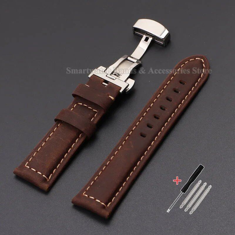 Vintage-style calf leather strap for Panerai and Seiko watches in sizes 20mm, 22mm, 24mm, and 26mm. Features a metal butterfly clasp. Band color: mm. Parallel import.