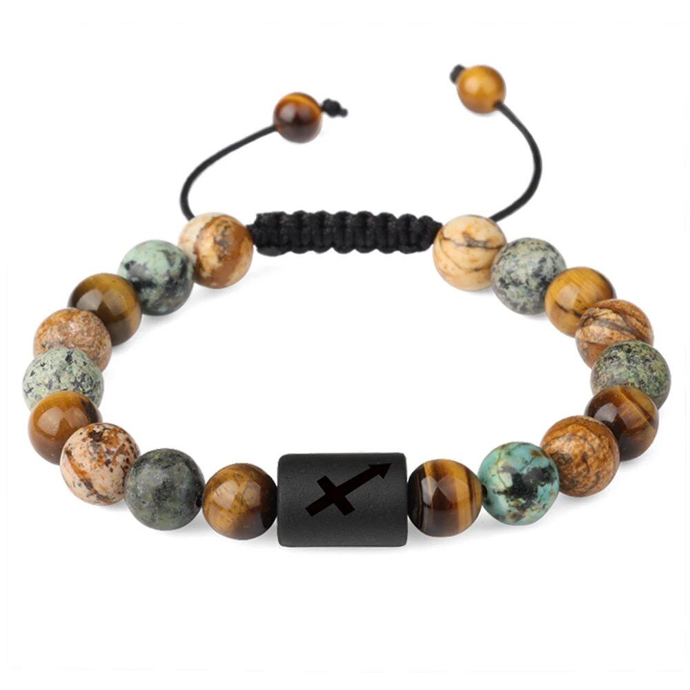 12 Zodiac Sign Beaded Bracelet, Natural Tiger Eye Stone, Zodiac Sign Bracelet for Men and Women, Charm Jewelry, Gift, Metal Color: Parallel Import