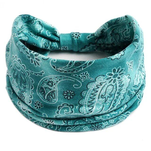 New Boho Floral Print Wide Headband with Vintage Knot Elastic Turban Headwrap for Women and Girls, Cotton Soft Bandana Hair Accessory, Parallel Import
