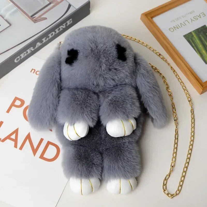 Cute Fluffy Rabbit Pom Pom Chain Bag for Women, Cartoon Rabbit Sling Bag, Plush Bunny Shoulder Backpack, Birthday Gift for Girls, Parallel Import
