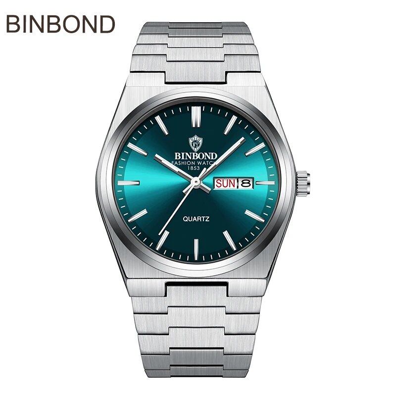 BINBOND Top Brand Luxury Men's Quartz Watch, Original Waterproof, Luminous Display, Date, Day of the Week, Stainless Steel, Color: B102; Customization Unavailable, Parallel Import