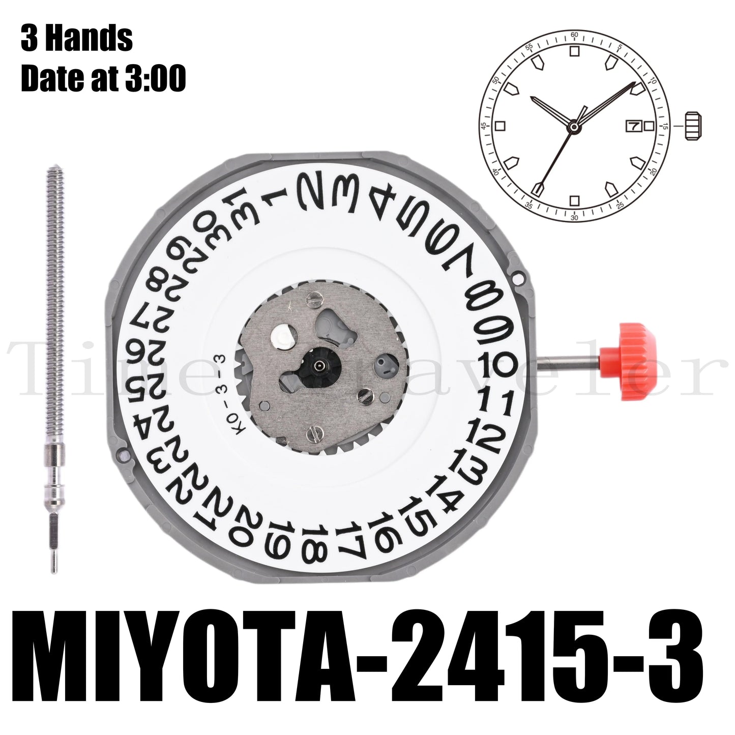 Japanese Miyota 2415 movement, 13 1/2" movement, 4.35mm thick, ±20 seconds per month accuracy, three hands, date display at 3 o'clock, parallel import