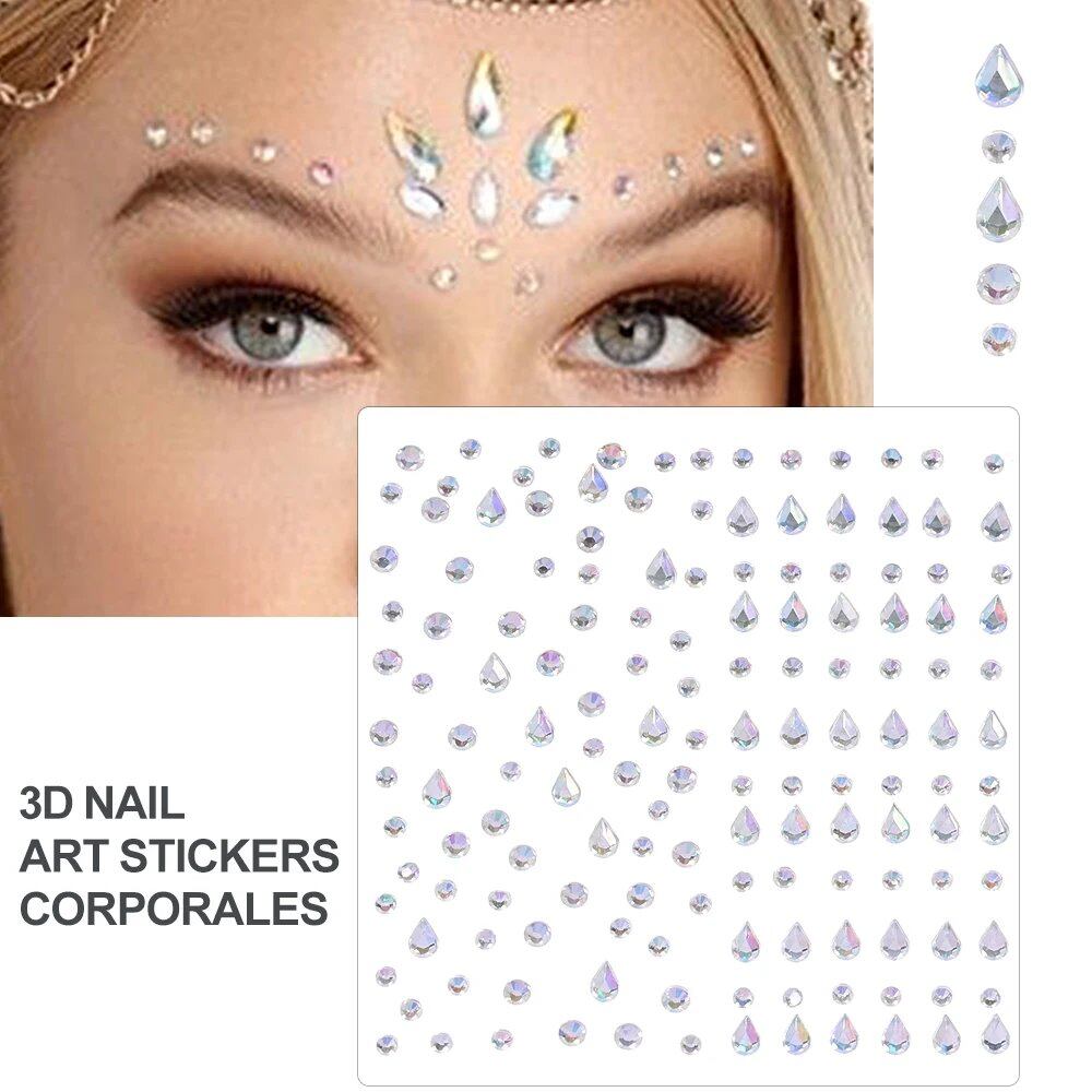 1/5/8-Piece 3D Face and Eye Tattoo Stickers for Party Makeup, Diamond Rhinestone Stickers, Self-Adhesive Mixed Crystal Face Decoration Stickers, Parallel Import