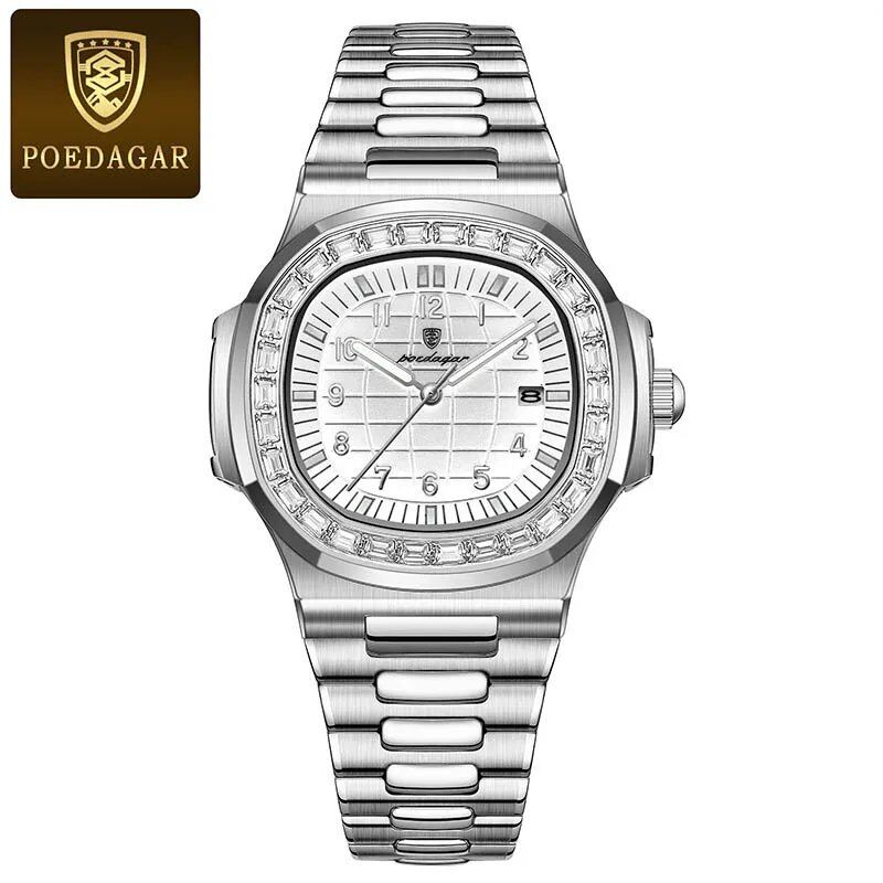 POEDAGAR Stainless Steel Men's Watch, Waterproof, Business Style, with Calendar, Quartz Movement, Luxury Laminated Square Design, Parallel Import
