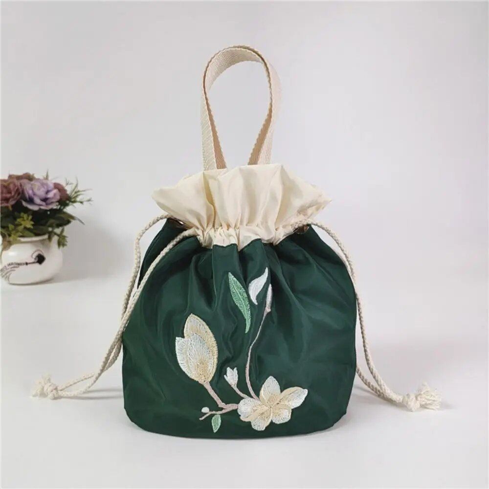 Satin Silk Embroidered Flower Handbag, Ruffle Mommy Bag, Hanfu Drawstring Bag, Korean Style Lunch Bag, Floral Bucket Bag, Outdoor Bag, Parallel Import