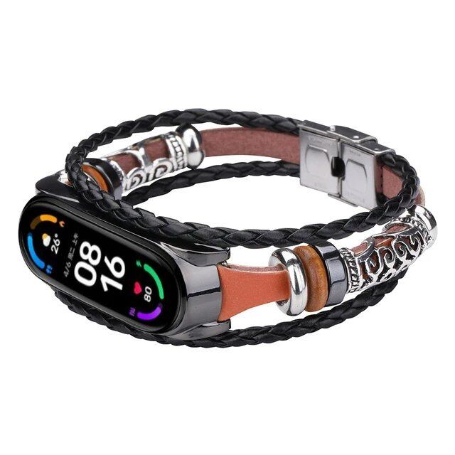 Leather Watch Band for Xiaomi Mi Band 6, 5, 4, 3, Ethnic Retro Style Smart Band, Fashion Accessory, Band Color: Parallel Import