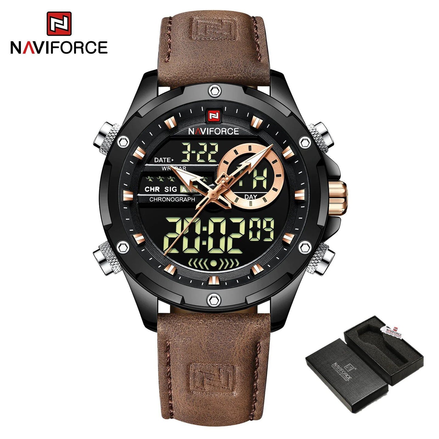 NAVIFORCE Men's Luxury Original Watch, Casual Sports Watch with Chronograph, Alarm, Quartz Movement, Leather Strap, Waterproof, Digital Watch, 9163, Color: Parallel Import