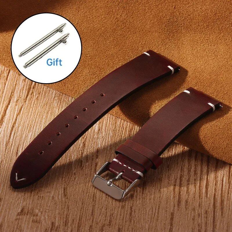 Men's and Women's Business Cowhide Leather Watch Band, Vintage Oil Wax Strap, Universal Quick Release Wristband, Handmade Retro Oil Bracelet, Band Color: mm; Ships from: Parallel Import